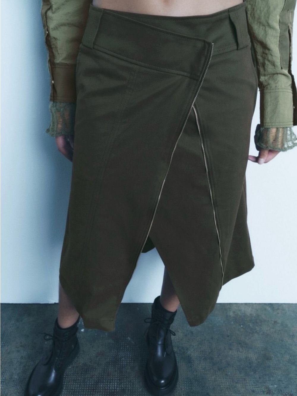 NWT ZARA Olive Green Asymmetric Zip Front Midi Skirt